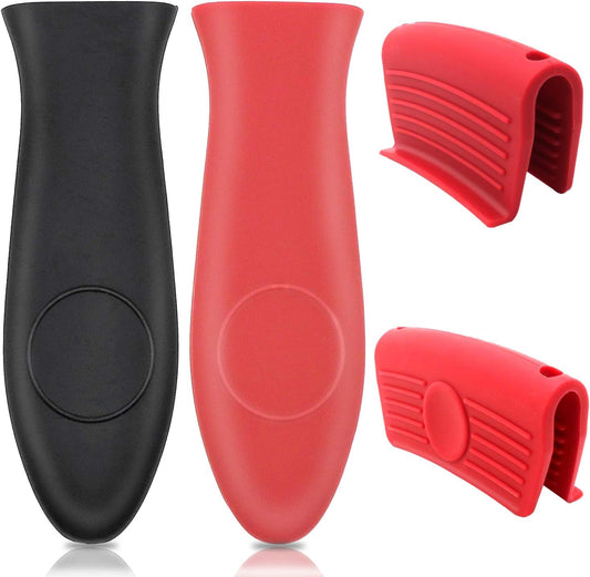 4 Pieces Non-Slip Silicone Hot Handle Holder and Assist Grips, Potholder for Cast Iron Skillets, Heat Resistant Handle Cover Sleeve for Frying Pans, Casserole, Cookware Handles (Black, Red)
