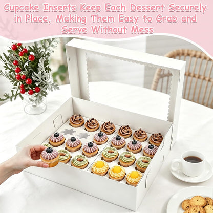 2 Pack White Cupcake Boxes with Cake Boards for 24 MINI Cupcakes, Food Grade Dessert Muffins Box Cupcake Carrier Containers with Window and Inserts for Birthday Holiday Party Bakery Supplies