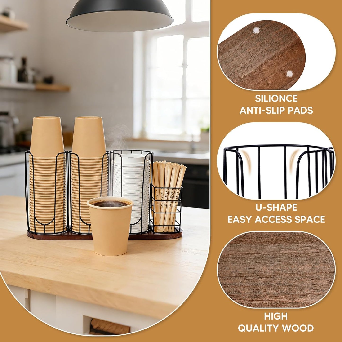 4-Compartment 18oz Coffee Cup Dispenser Rack with Wood Base, Disposable Cup Holder,Cup and Lid Holder with Straw Organizer,for Stirrers Pod Countertop, Plastic Cup Station