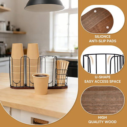 4-Compartment 18oz Coffee Cup Dispenser Rack with Wood Base, Disposable Cup Holder,Cup and Lid Holder with Straw Organizer,for Stirrers Pod Countertop, Plastic Cup Station