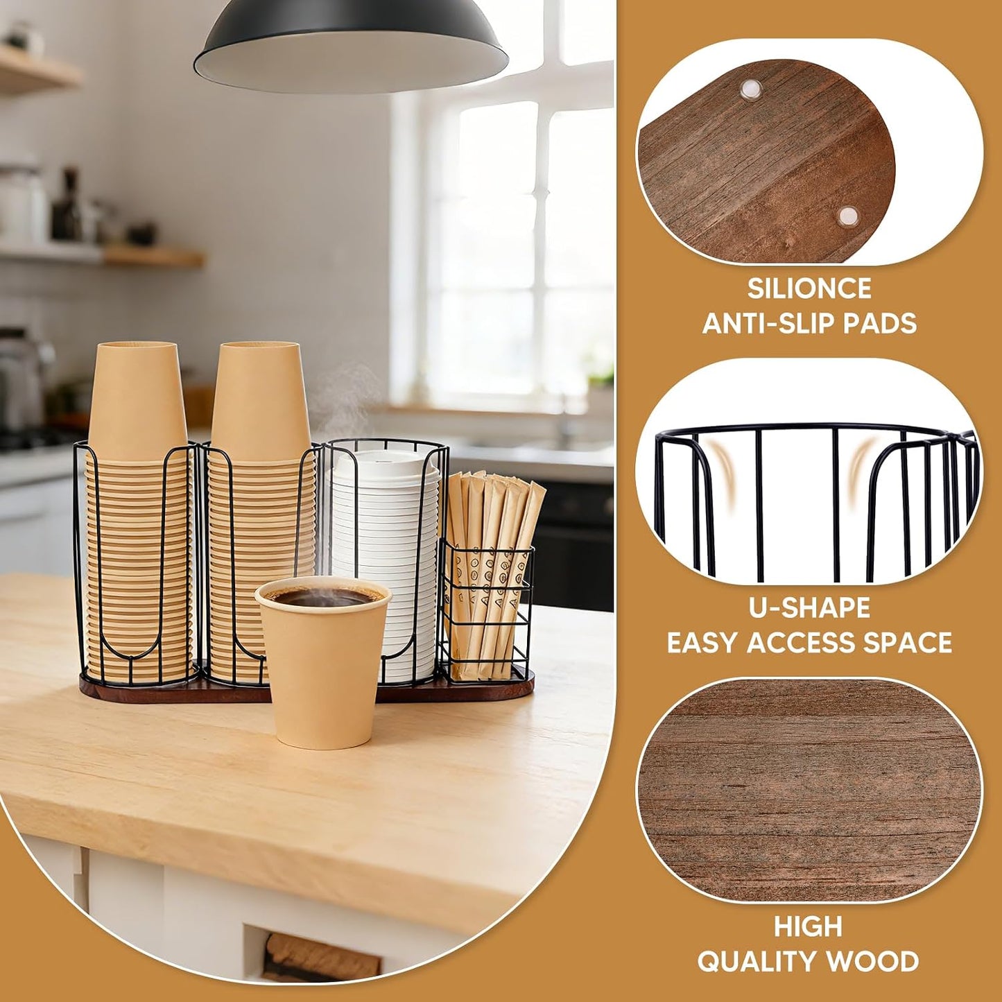 4-Compartment 18oz Coffee Cup Dispenser Rack with Wood Base, Disposable Cup Holder,Cup and Lid Holder with Straw Organizer,for Stirrers Pod Countertop, Plastic Cup Station