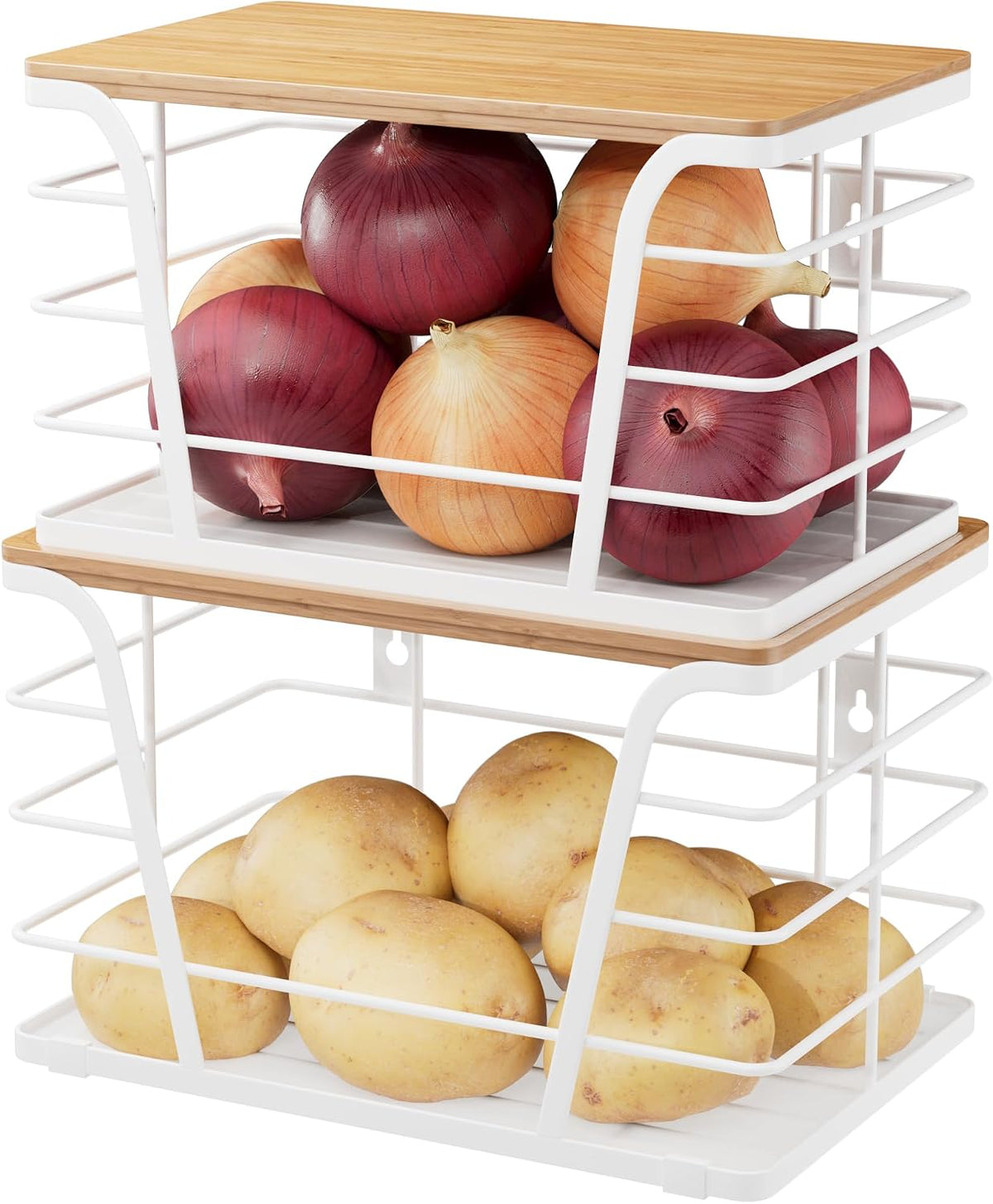 2 Pack Potato and Onion Storage Bins, Stackable Kitchen and Pantry Organizer with Bamboo Top & Lightweight PP Mat, for Vegetables, Fruit, Onion, Potato, Garlic - Pantry, Kitchen Storage Bins (Black)