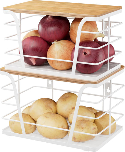 2 Pack Potato and Onion Storage Bins, Stackable Kitchen and Pantry Organizer with Bamboo Top & Lightweight PP Mat, for Vegetables, Fruit, Onion, Potato, Garlic - Pantry, Kitchen Storage Bins (Black)
