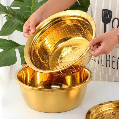 DOCBLACK Colander, 3Pcs Stainless Steel Kitchen Tool 3 in 1 Drain Basket Fruit and Vegetable Cutter Strainer Bowl Set Drain Pot Basket Grater for Fruits Vegetables Rice Washing Mixing - Gold