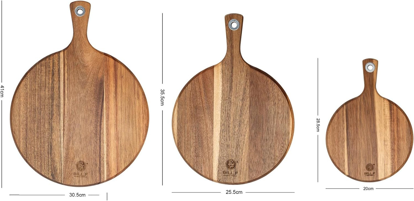 BILL.F Acacia Pizza Peel, Set of 3 Acacia Wood Cutting Board 8" 10" 12" Inch Cutting Board, Cheese Paddle Board, Bread and Crackers Platter for Serving and Minor Food Prepare with Handle and Organizer