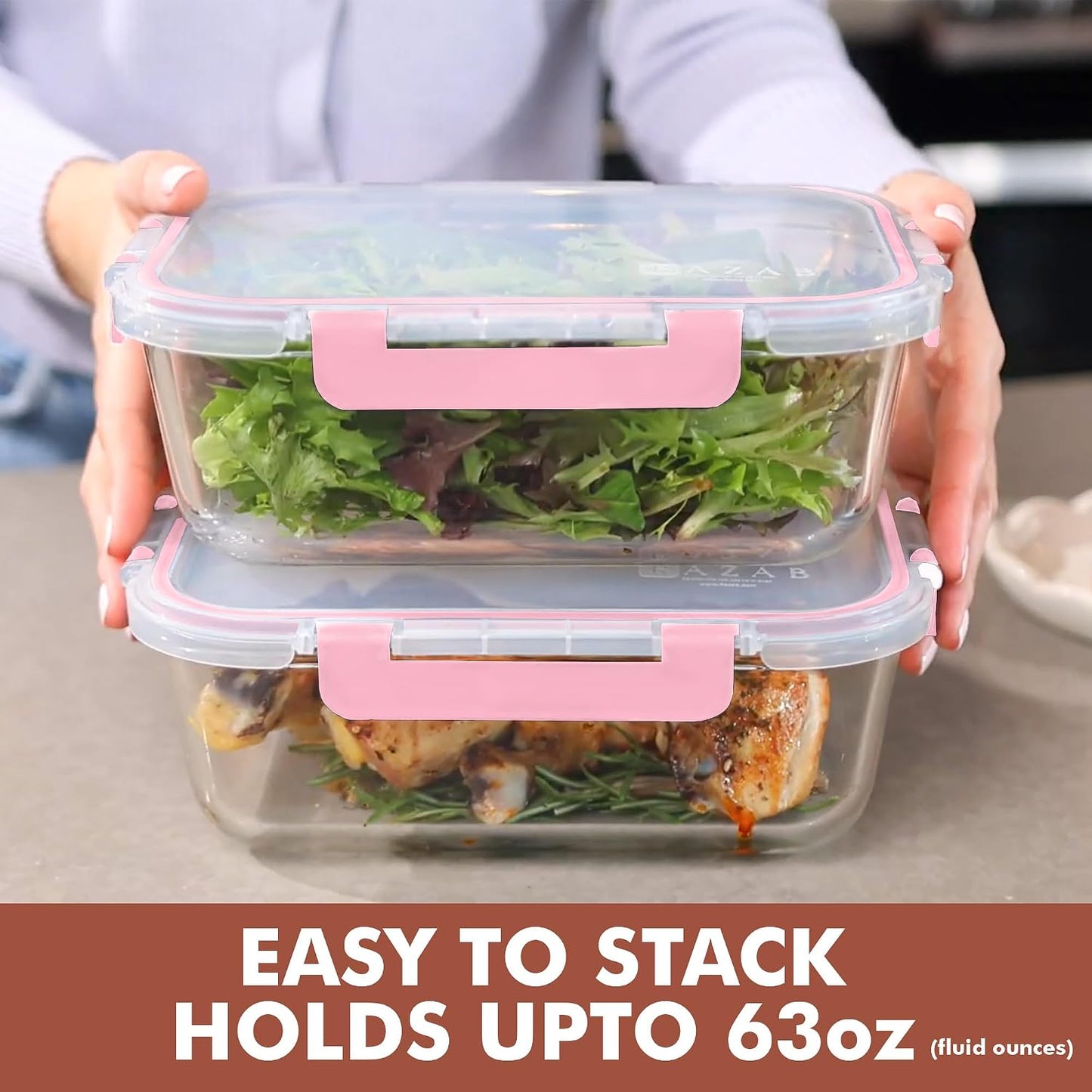 Razab 4 Pcs 1860ml / 63 Oz Large Glass Food Storage Containers with Lids - Glass Meal Prep Containers with Locking Lids for Roasting, Storing Leftover, Lunch Container, BPA Free, Microwave & Oven Safe