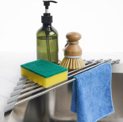 Tomorotec Foldable Stainless Steel Triangle Roll-Up Dish Drying Rack for Small Sink Corners - Over-The-Sink Multipurpose Kitchen Drainer, Rustproof Organizer, Trivet and Shelf - Space-Saving (Black)