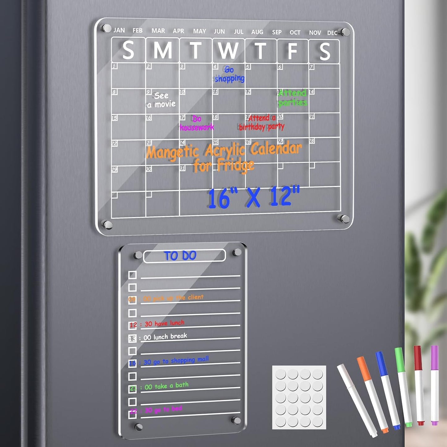 Acrylic Meal Planner Magnetic Menu Board for Kitchen Fridge, 13"x9" Clear Weekly Calendar Planning Board Noteboard Refrigerator Dry Erase Board to Do/Grocery/Shopping Lis Includes 6 Markers