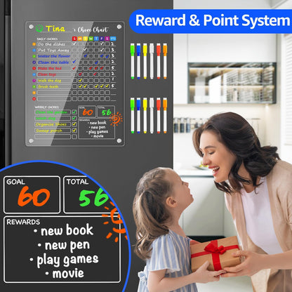 PigPotParty 2-in-1 Acrylic Magnetic Chore Chart for 2 Kids, Couples, Roommates, 15"x11" Large Dry Erase Chore Board for Fridge, Clear Weekly & Daily Reward Chart, Includes 12 Markers & Towel