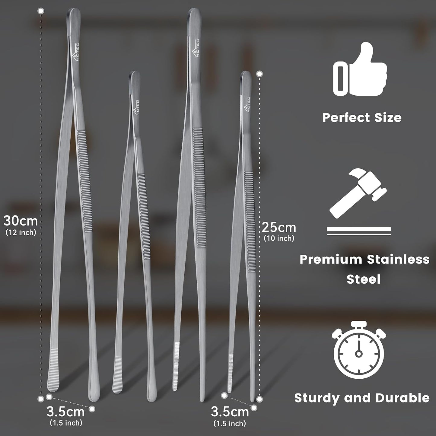 HOTEC Kitchen Tweezers Tongs Stainless Steel Professional Chef Tweezers, Set of 3-6.3", 10" and 12inch Food Tongs for Cooking, Repairing, Dessert, BBQ, Meat, Pasta