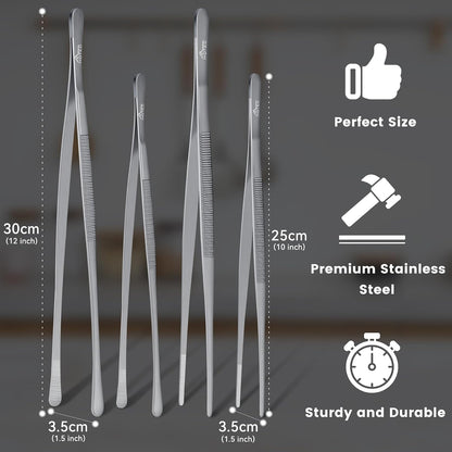 HOTEC Kitchen Tweezers Tongs Stainless Steel Professional Chef Tweezers, Set of 3-6.3", 10" and 12inch Food Tongs for Cooking, Repairing, Dessert, BBQ, Meat, Pasta
