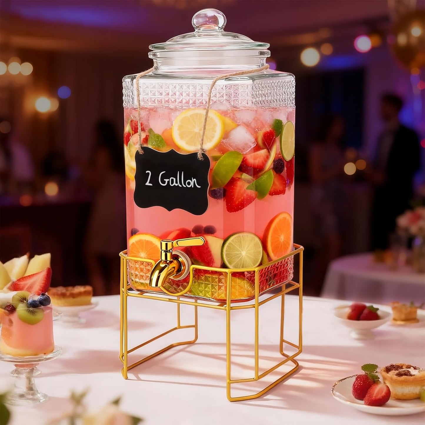 Drink Dispenser for Parties with Stand – 2 Gallon Beverage Dispenser with 18/8 Gold Stainless Steel Leak-Proof Spigot and Glass Lid, Ideal for Tea, Juice, Lemonade, and Party Drinks