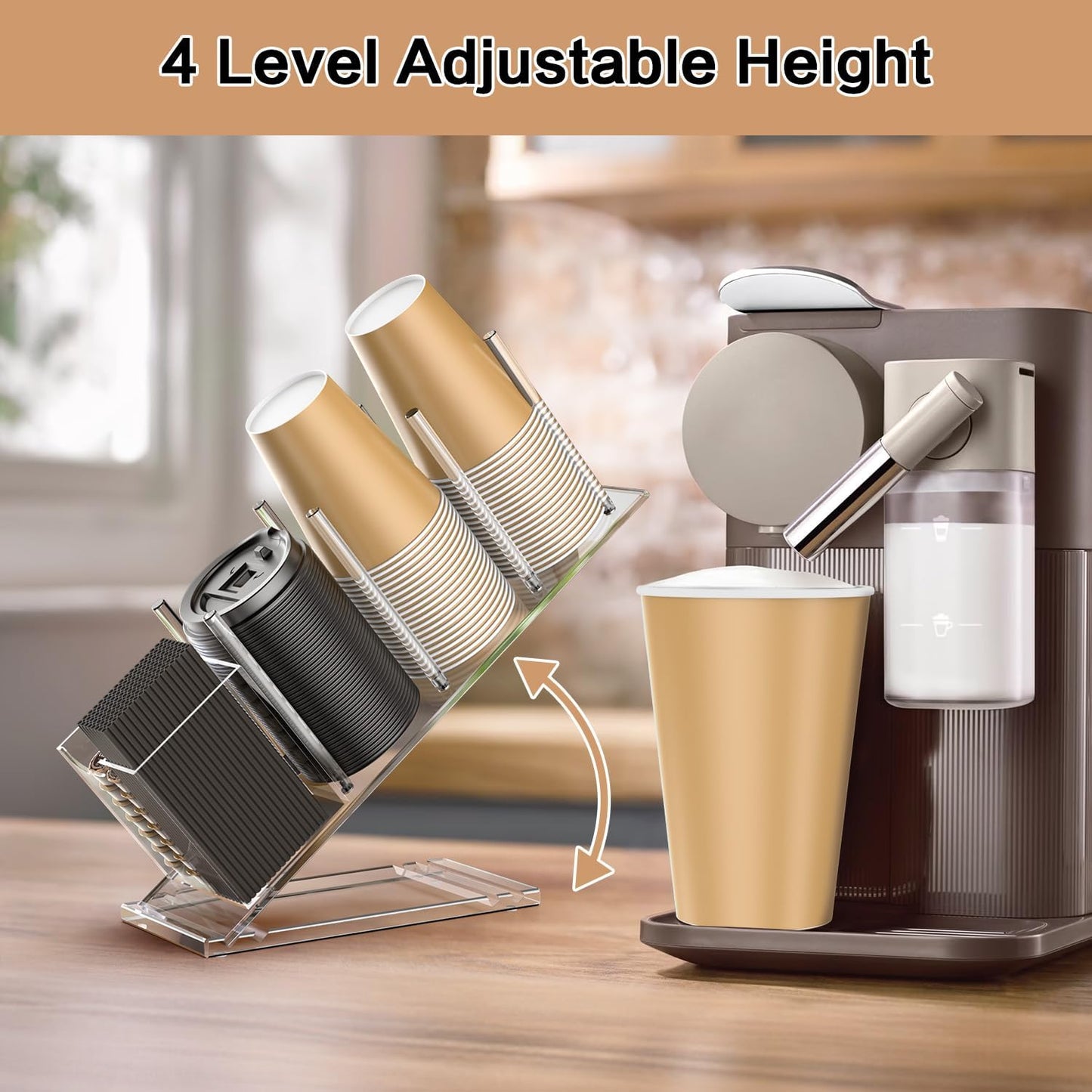 Acrylic Cup and Lid Holder with Straw Organizer, Adjustable Coffee Cup Holder Organizer, 5 Compartment Cup Dispenser for Disposable Paper & Plastic Cups, for Station Home Countertop(Patent in Effect)