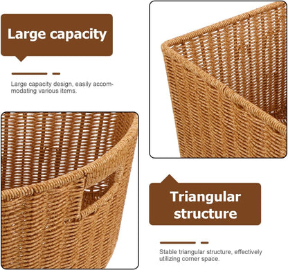 Woven Triangle Corner Storage Basket with Handles Shelf Laundry Basket | Plastic Rattan-Style Basket Fits Shelf Corners, Cabinets, Counters or Bathrooms for Towels, Laundry, Toys and Pantry Items