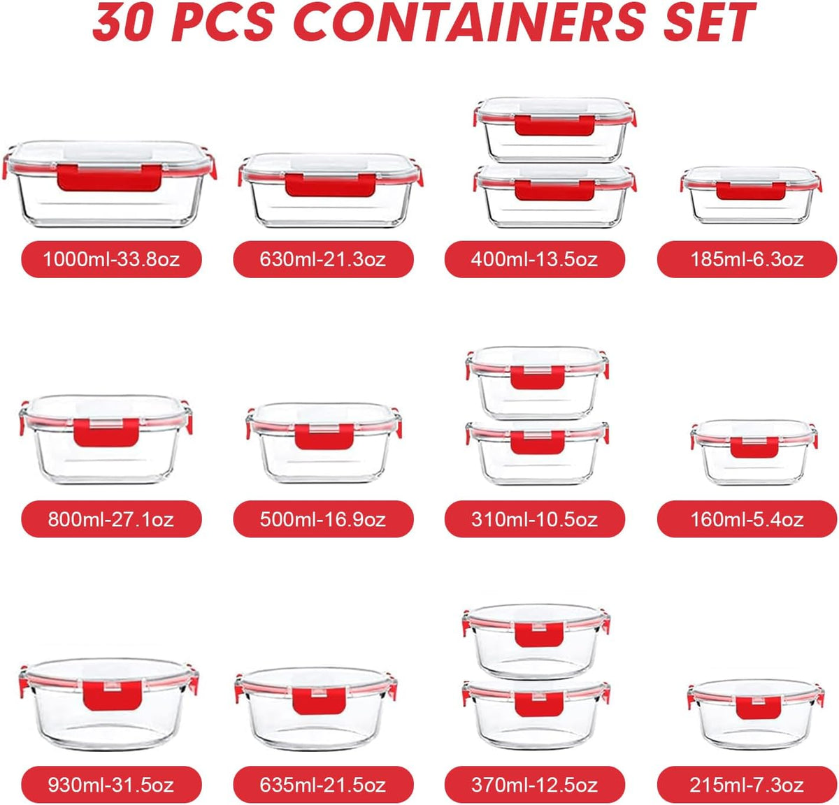 VERONES 30 Pieces Glass Meal Prep Containers Set, Stackable Glass Food Storage Containers with Lids-Airtight Lunch Containers，for Microwave, Oven, Freezer & Dishwasher,Grey