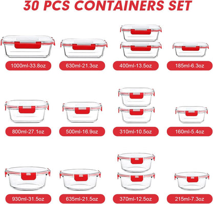 VERONES 30 Pieces Glass Meal Prep Containers Set, Stackable Glass Food Storage Containers with Lids-Airtight Lunch Containers，for Microwave, Oven, Freezer & Dishwasher,Grey