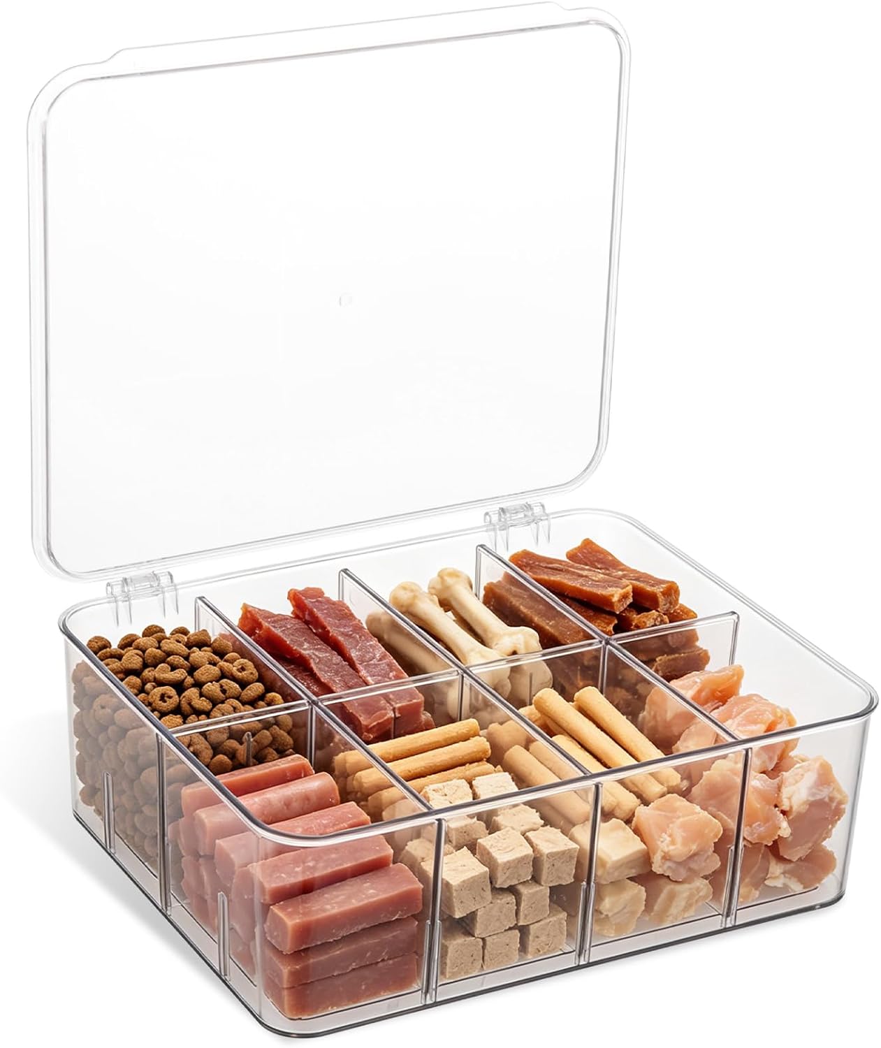 Dog Treat Organizer with Flip Lid, Acrylic Airtight Dog Treat Container, Pet Food Bin with Removable Dividers, Rectangular Dog Cat Treat Bin for Dog Cat Bird and other Pet