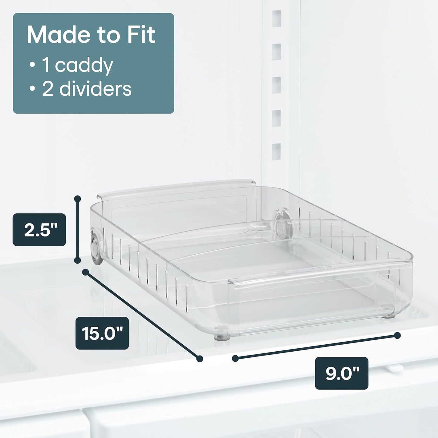 YouCopia RollOut Fridge Caddy BPA-Free Clear Rolling Refrigerator Organizer Bin with Adjustable Dividers and Handles, 9" Wide