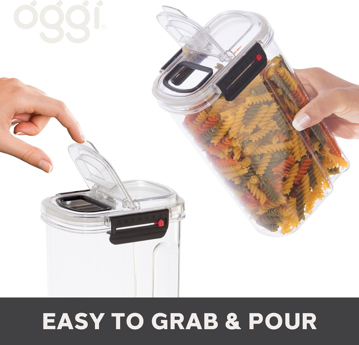 Oggi Easi Grip 23oz Moisture Proof Storage Container, Ultra Clear BPA-Free Sealable Canister, Flip Open Pouring Lid, Date Reminder Slider on Clip, Ideal Kitchen and Pantry Storage (23oz / 0.68lt)