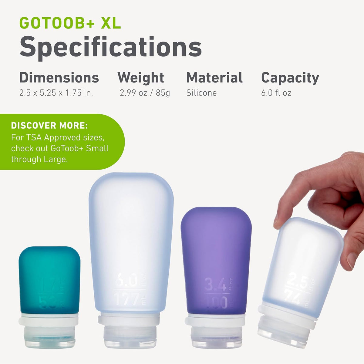humangear GoToob+ (XL) | Refillable Silicone Travel Bottle | Locking Lid | Food-Safe Material | Blue, XL (6 fl.oz.; 177ml)