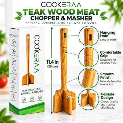Teak Wood Meat Masher, Ground Beef Chopper & Chicken Shredder Tool