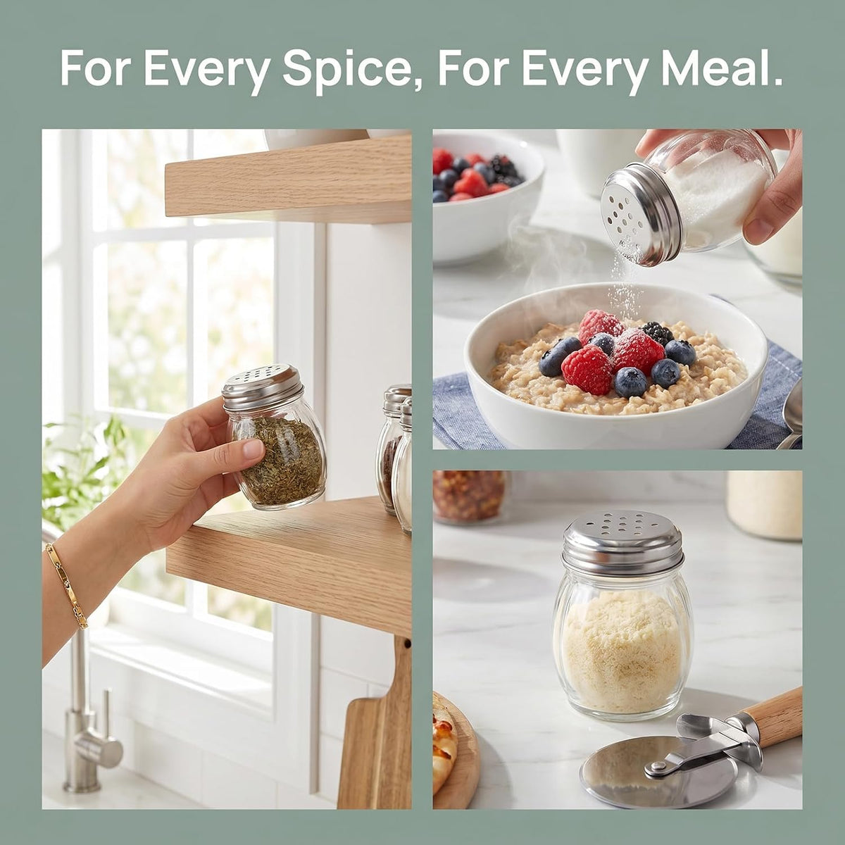 Nicunom 20 Pack 6 Oz Spices Shaker with Perforated Stainless Steel Lid, Swirl Glass Parmesan Cheese Shaker with Slotted Caps, Salt and Pepper Shakers Set, Seasonings Spice Retro Style Dispensers