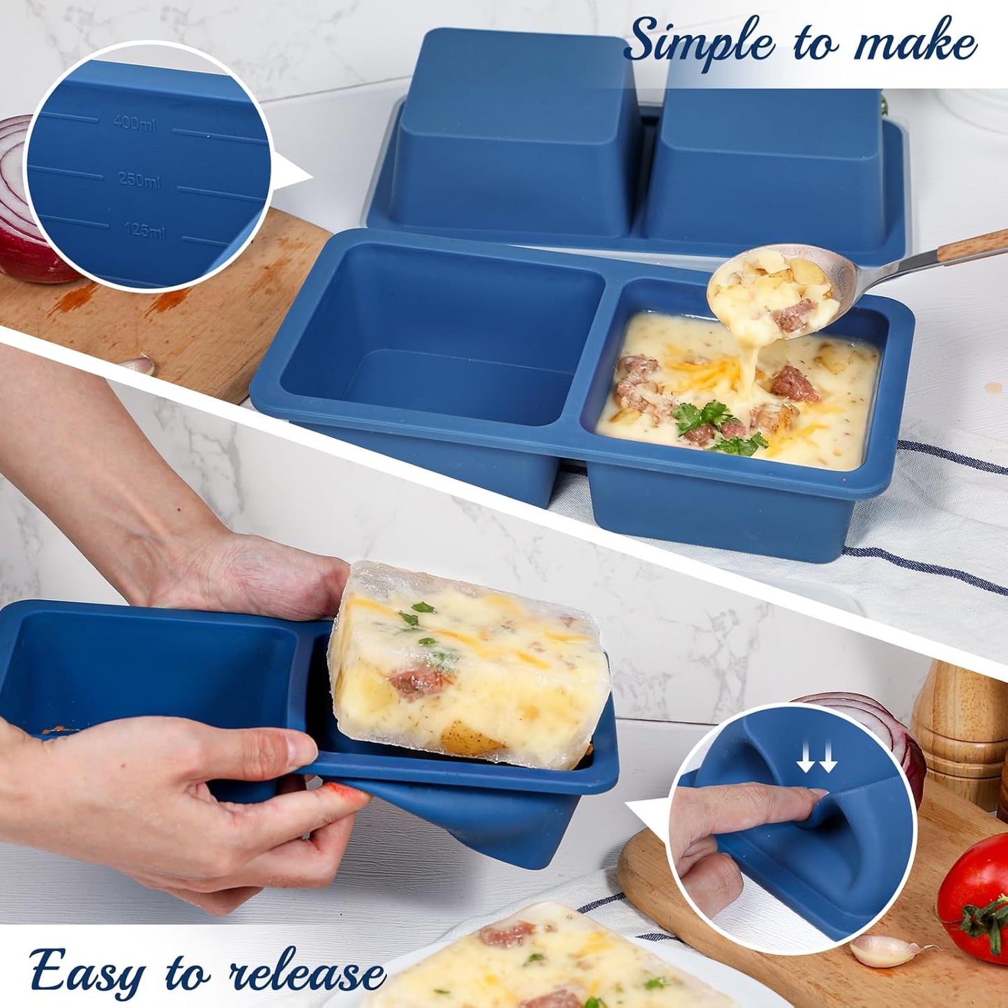 Koluti 2-Pack Nonstick Silicone 3 Soup Freezer Mold, 1-Cup Large Sauce Ice Tray with Plastic Lid, Stackable Freezing Maker Meal Prep Food Storage Container, Dishwasher Safe & BPA Free