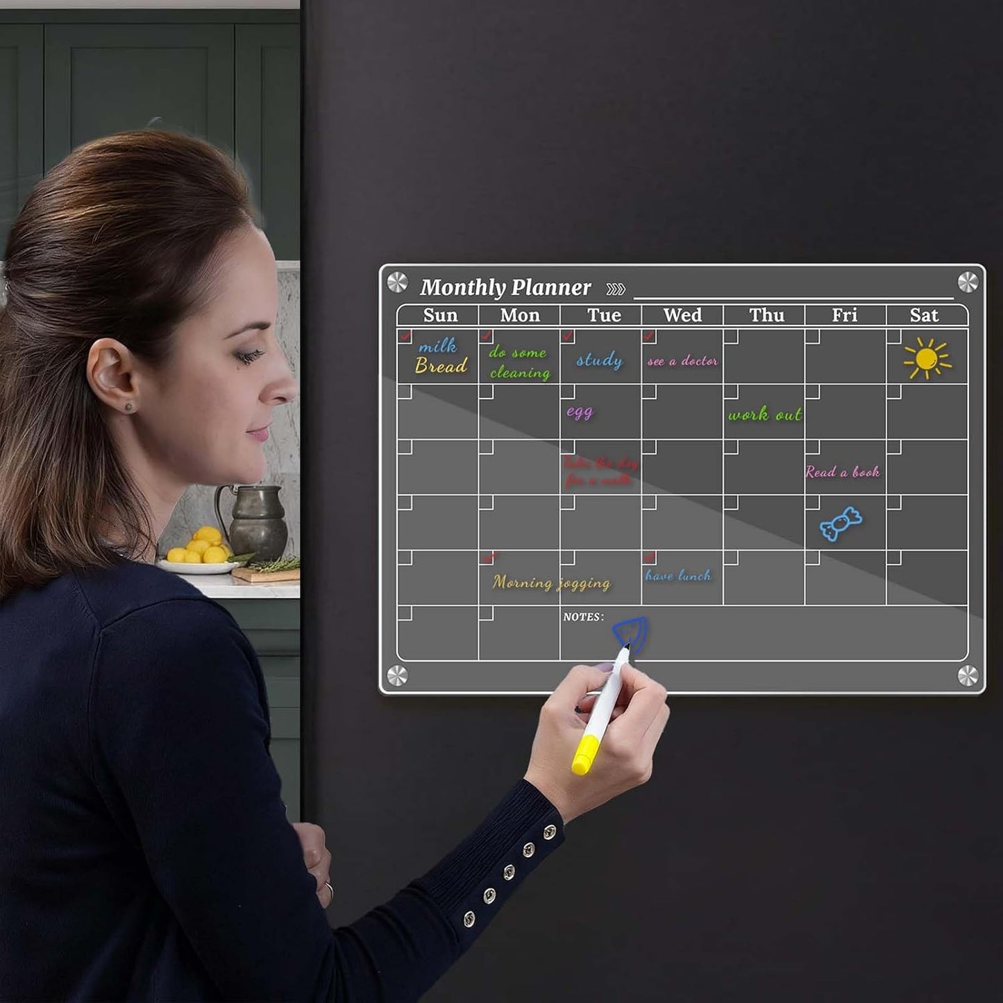 4Pcs Fridge Calendar Set, Clear Magnetic Dry Erase Daily, Weekly, Monthly Planners & Menu Board, w/ 2 Packs of 8 Markers