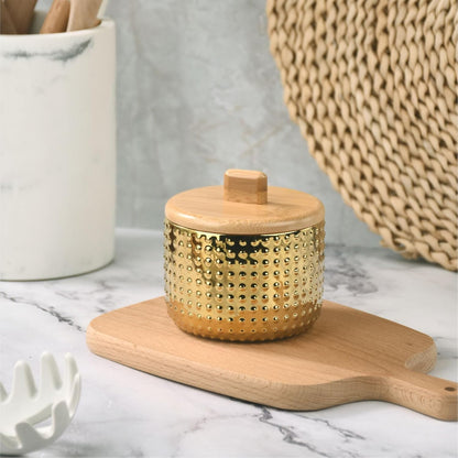 Salt Cellar Keeper with Bamboo Lid, 14oz Big Capacity Ceramic Sugar Bowls Pepper Box, Crackle Glaze Seasoning Container Condiment Pot for Kitchen (Blue Color)
