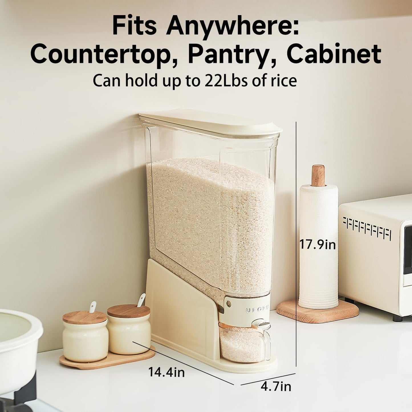 UFORU Rice Dispenser 11Lbs, Slim Rice Storage Container for Small Space, BPA-Free Clear Dry Food Dispenser Sealed Moisture Proof, Grain&Cereal Storage Bucket for Kitchen Pantry Household, Cream White