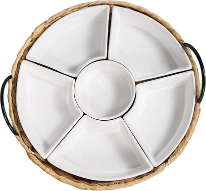 Ceramic Serving Tray, Food Tray 15.5 x 15.5 Inches,Divided Serving Platter with 6 Removable Dishes, Portable Handle Cattail Serving Bowls,Perfect for or Chips and Dip,Natural