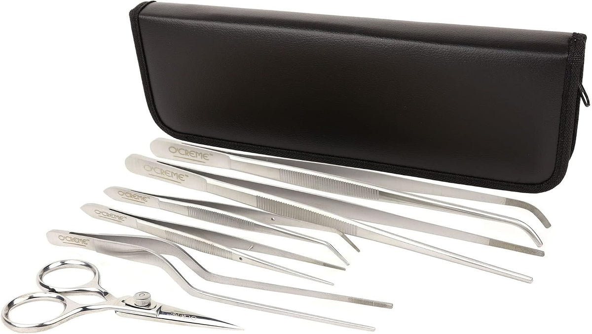 O'Creme Set of Culinary Tweezer Tongs Offset, Straight and Curved, Plus Super Sharp Chef Scissors, Total 6 Pieces (Rose Gold)