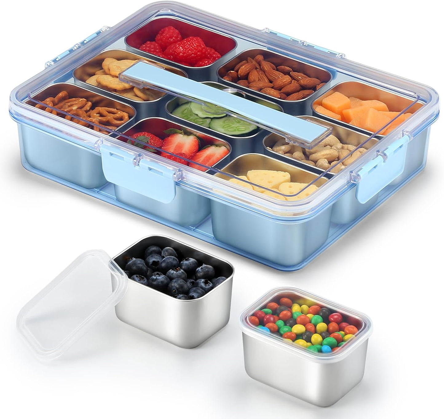Snackle Box Container, Stainless Steel Snack Containers for Adults, 9 Compartments Divided Serving Tray with Lids and Handle, Portable Snack Platter for Parties, Grey