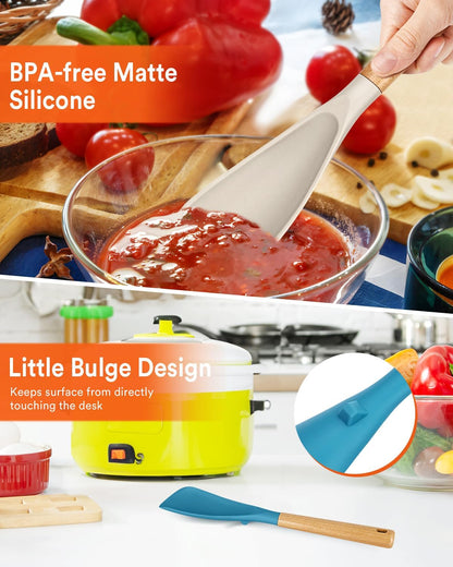 Cooking Spoon for Nonstick Cookwares, Great for Cooking and Serving Sturdy BPA-Free Matte Silicone, Wood Handle Spoon for Mixing, Scoop, and Scrape (Black & Grey, 11.4 inch)