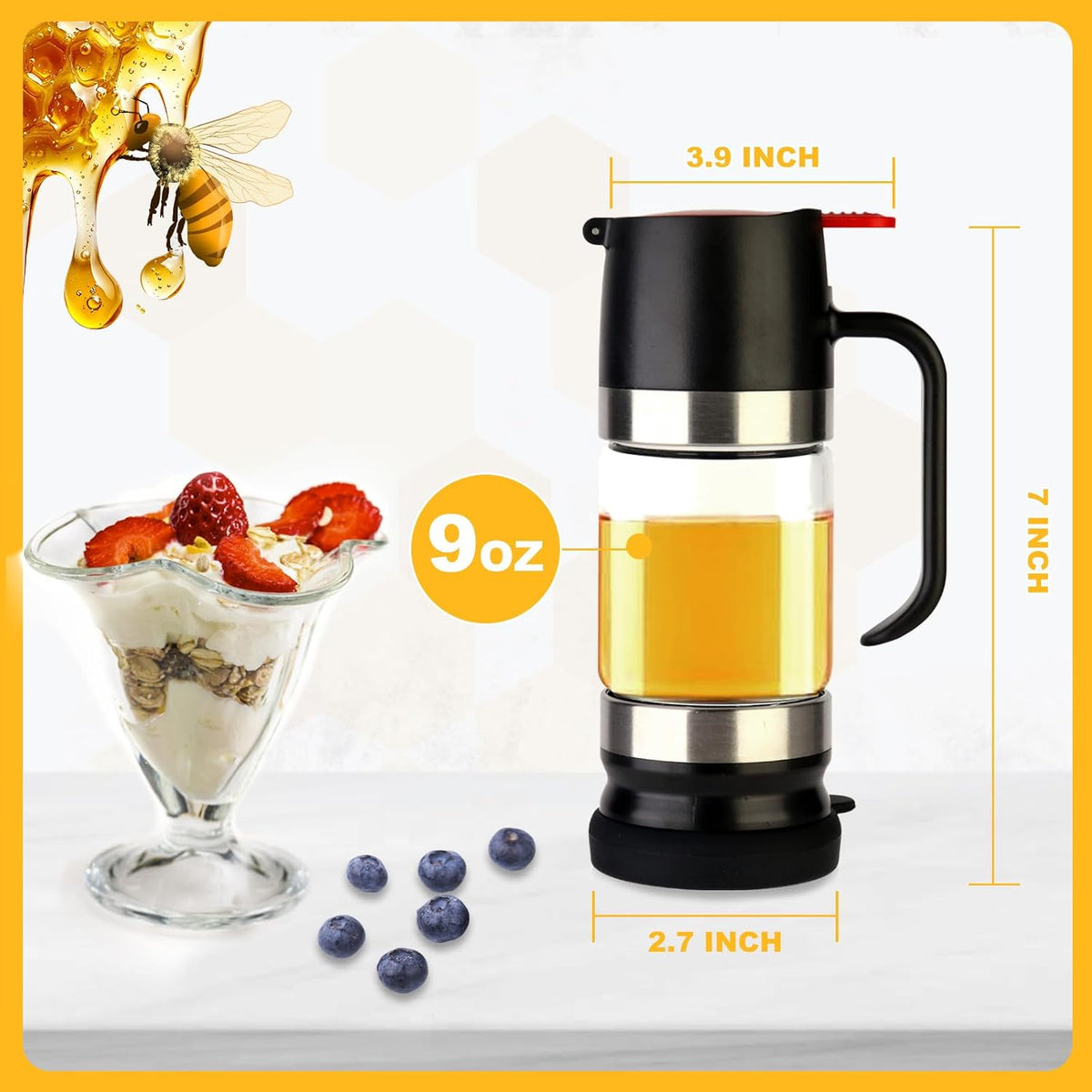 Glass Honey Dispenser No Drip, Maple Syrup Dispenser, 9 OZ