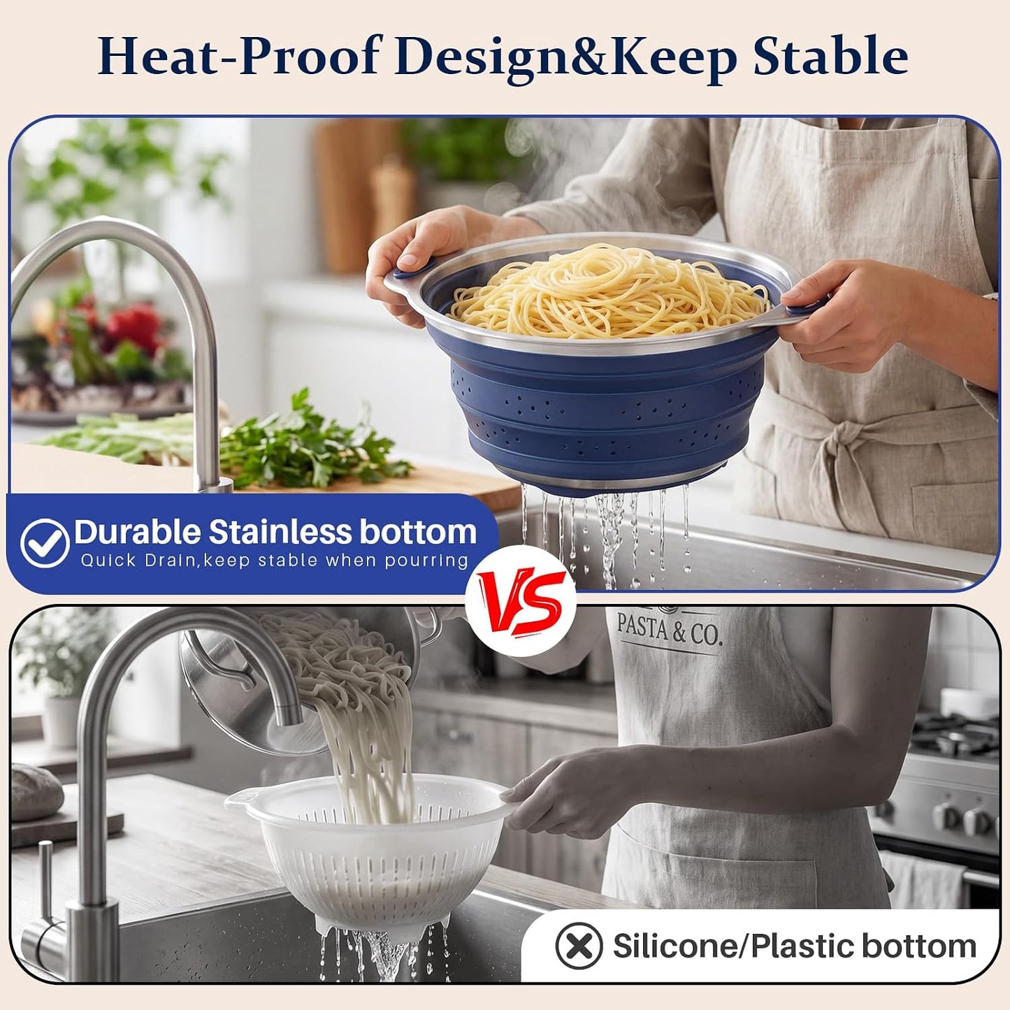 Collapsible Colander Set with Silicone Mat,2-in-1 Stainless Steel Colander for Kitchen, Foldable Metal Colander, Space-Saving for Pasta Veggies Fruit(NAVY BLUE)