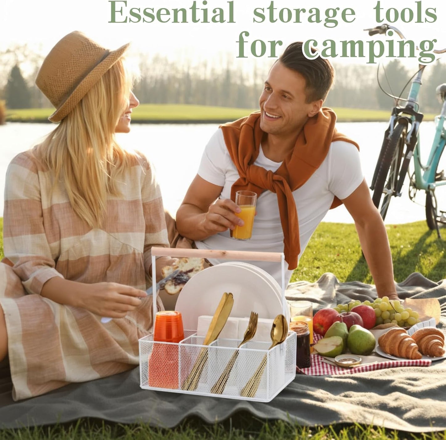 FoldTier Paper Plate Organizer with Handle for Countertop, Metal Utensil Silverware Caddy Cutlery Holder for Paper Plate Fork Spoon Cup Napkin Party Supplies Camping Picnic Accessories(White)