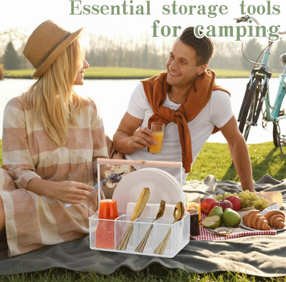 FoldTier Paper Plate Organizer with Handle for Countertop, Metal Utensil Silverware Caddy Cutlery Holder for Paper Plate Fork Spoon Cup Napkin Party Supplies Camping Picnic Accessories(White)