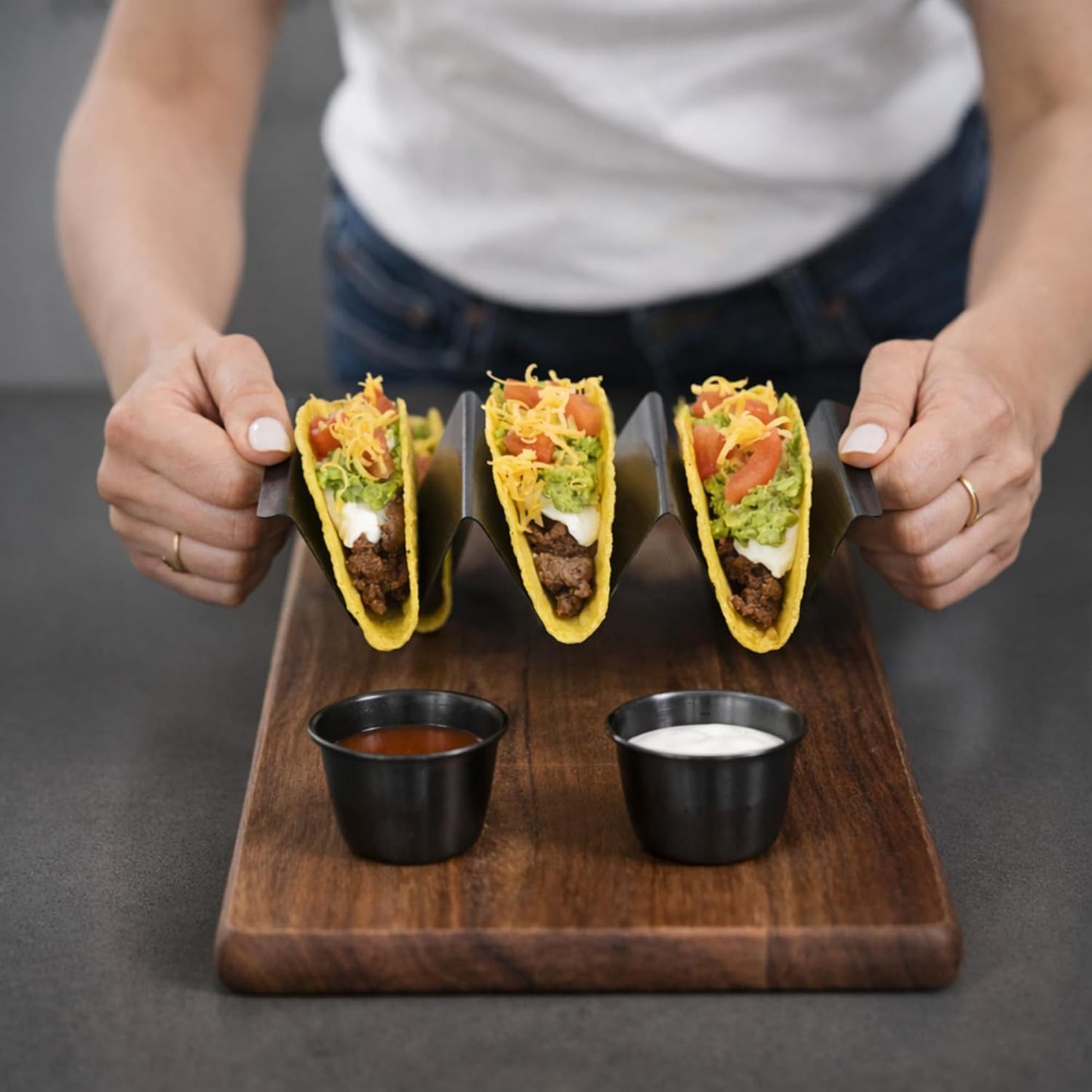 Taco Holders with Sauce Cups (Set of 2) - Black Stainless Steel Taco Stands for 3 Tacos - Dishwasher, Oven & Grill Safe Taco Rack Tray for Home, Parties & Kids by Serro