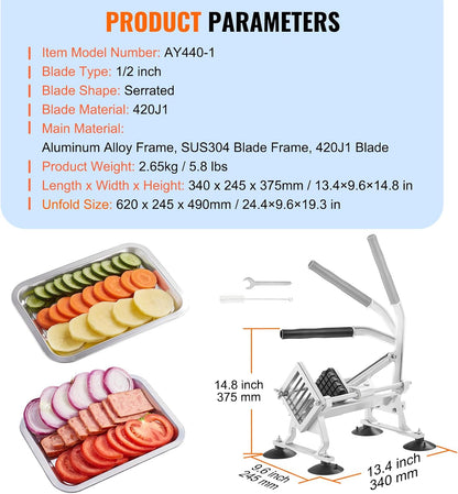 VEVOR Commercial Vegetable Slicer, 3/8" and 3/16" Tomato Slicer, Stainless Steel and Aluminum Alloy Vegetable Cutter Slicer, Manual Tomato Slicer with Non-slip Feet, for Tomatoes, Potatoes, Onions