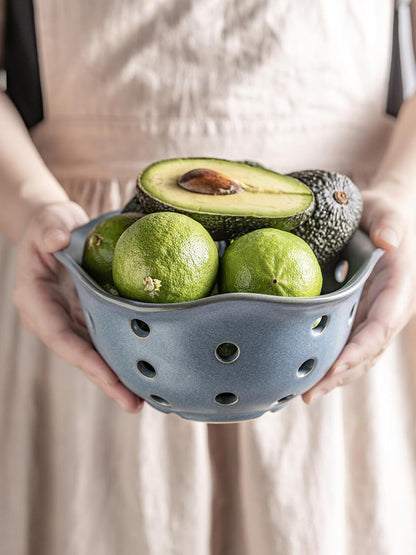 Gomakren Berry Bowls with Holes Ceramic, Berry Washing Bowl Basket Set of 2, 5.8 Inch Round Fruit Bowl Storage Containers, Strawberry Baskets, Farmhouse Kitchen Decor, Yellow + Brown