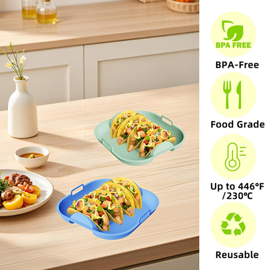 Silicone Taco Holder Plates Set of 2, Reusable Taco Plates Holder with Handle for Party, Taco Stand Taco Tray for Taco Bar Serving Set, Oven Safe for Baking, Dishwasher and Microwave Safety
