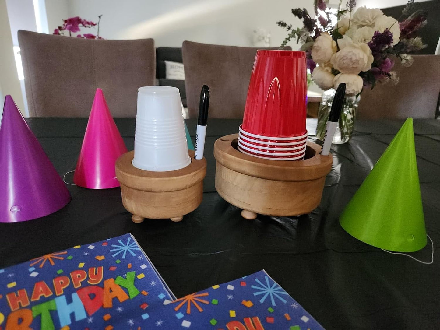 Party Cup Holder with Marker Slots | Drink Organizer for Birthdays, Festive Events, BBQs & Holiday Gatherings | Hosting Essentials for Plastic Cups | Wood Design Two in One (Brown Rustic)