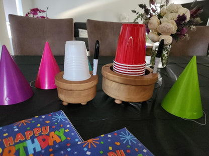 Party Cup Holder with Marker Slots | Drink Organizer for Birthdays, Festive Events, BBQs & Holiday Gatherings | Hosting Essentials for Plastic Cups | Wood Design Two in One (Brown Rustic)