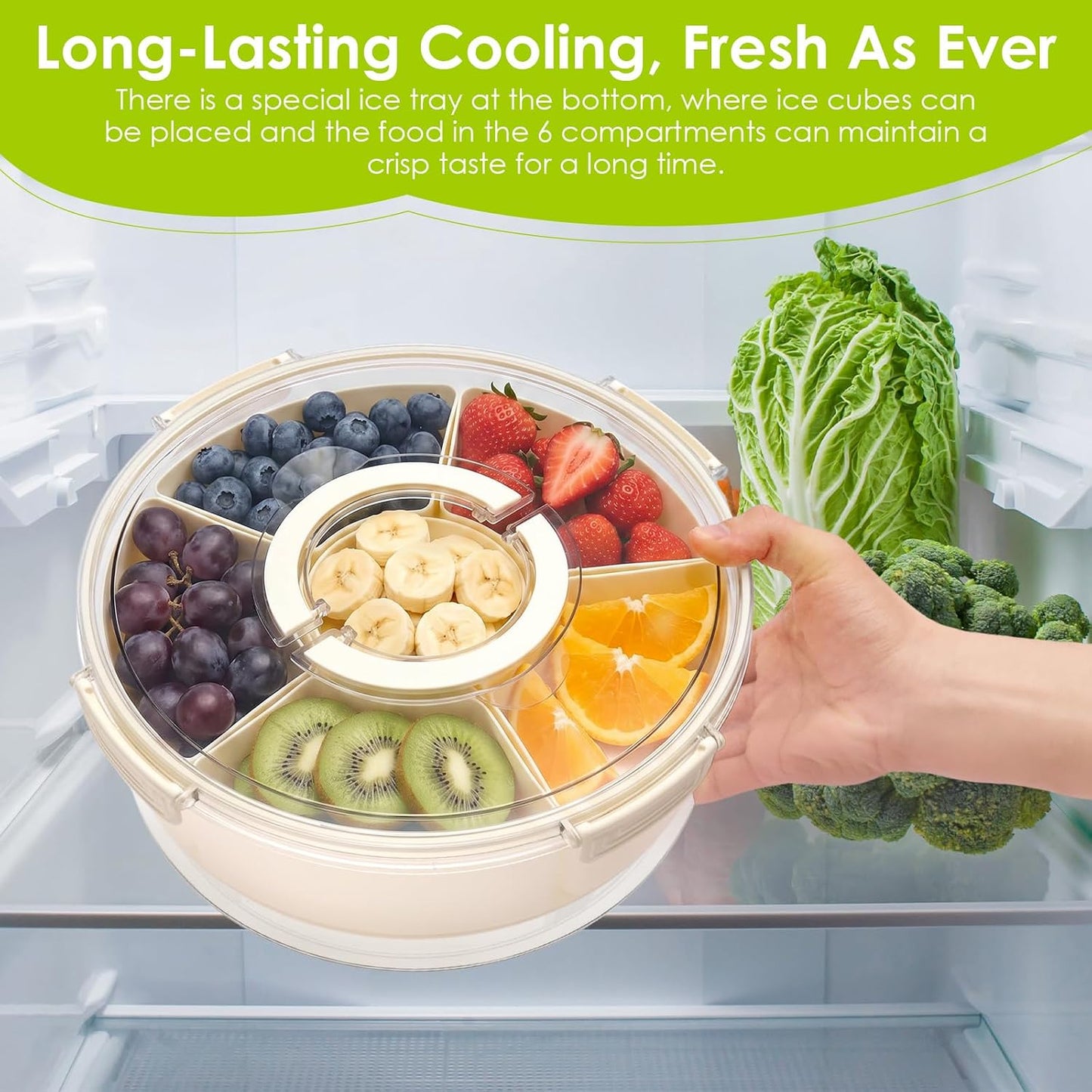Snack Box Container with Ice Chill Base, 6 Divided Serving Tray with Lid, Handle, Protable Travel Snackle Box Container, Round Veggie and Fruit Tray for Beach, Travel, Picnic, Camping, Kitchen, Party