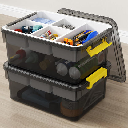 40Qt Stackable Storage Bins with Lids & Trays, Clear Plastic Latching Boxes Organizers with Dividers Portable 10Gal Containers for Arts & Crafts, Home and Car Trunk Organization, 2Pack