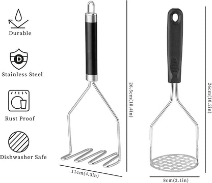 2PCS Potato Masher, OLULU Heavy Duty Stainless Steel Mashed Potatoes Masher, Masher Kitchen Tool for Avocado, Potatoes, Beans, Meat, Vegetables, 10.24inch, Dishwasher Safe