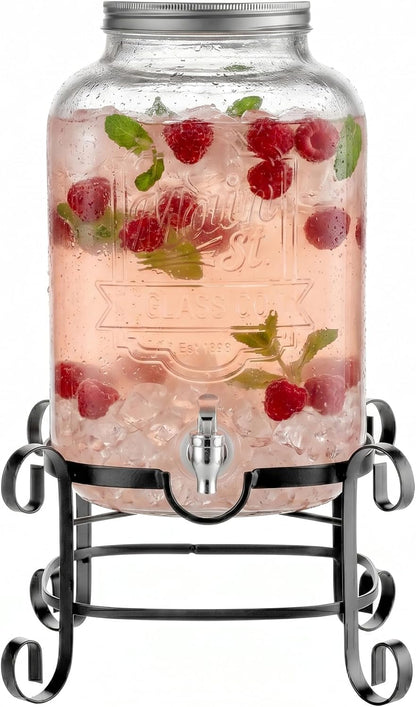 Style Setter Beverage Dispenser Cold Drink Dispenser Glass Jug, Metal Stand & Leak-Proof Acrylic Spigot Great for Parties, Weddings & More (With Metal Rack)