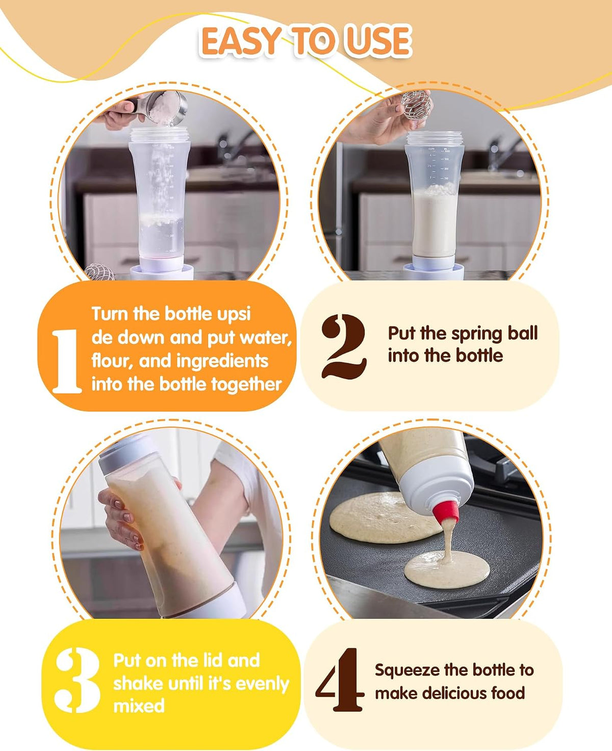 2 Pack Pancake Batter Dispenser, Pancake Batter Dispenser Bottle with 1000ml - Large Capacity No-Mess Batter Mix Dispenser for Pancakes, Waffles, Cupcakes, Crepes - Kitchen Baking Tool