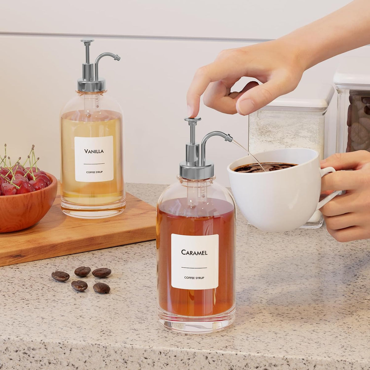 16.9 oz (500 ml) Coffee Syrup Dispenser Set- 4 Glass Bottles with Gold Pumper and Syrup Labels - Precise Dispensing and Stylish Addition to Coffee Shop, Cafe or Home Bar
